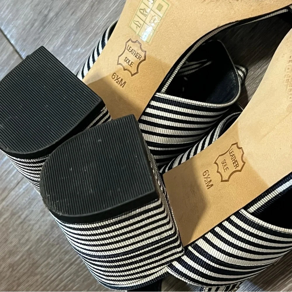 Tory Burch Black (Navy Blue) and White Striped Slingback Sandals with Tie Detail